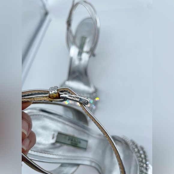 Prada Silver Leather Crystal embellished strappy heels EU 39 - Picture 6 of 13